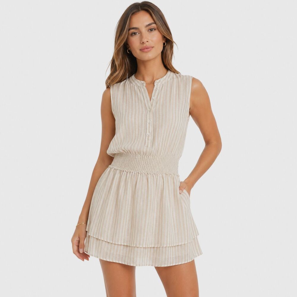 Rails Angelina Womens M Dune Stripe Linen Blend Sleeveless Smocked Mini Dress